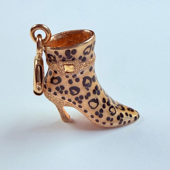 Jewelry - 14K Solid Yellow Gold Stuller Enamel Leopard High Heel Shoe VTG Charm Pendant